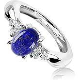 Jewelets Lapis Lazuli Silver Ring 6x8mm with 6 CZ Side Stones – Oval Prong Setting | Rhodium Plated Sterling Silver