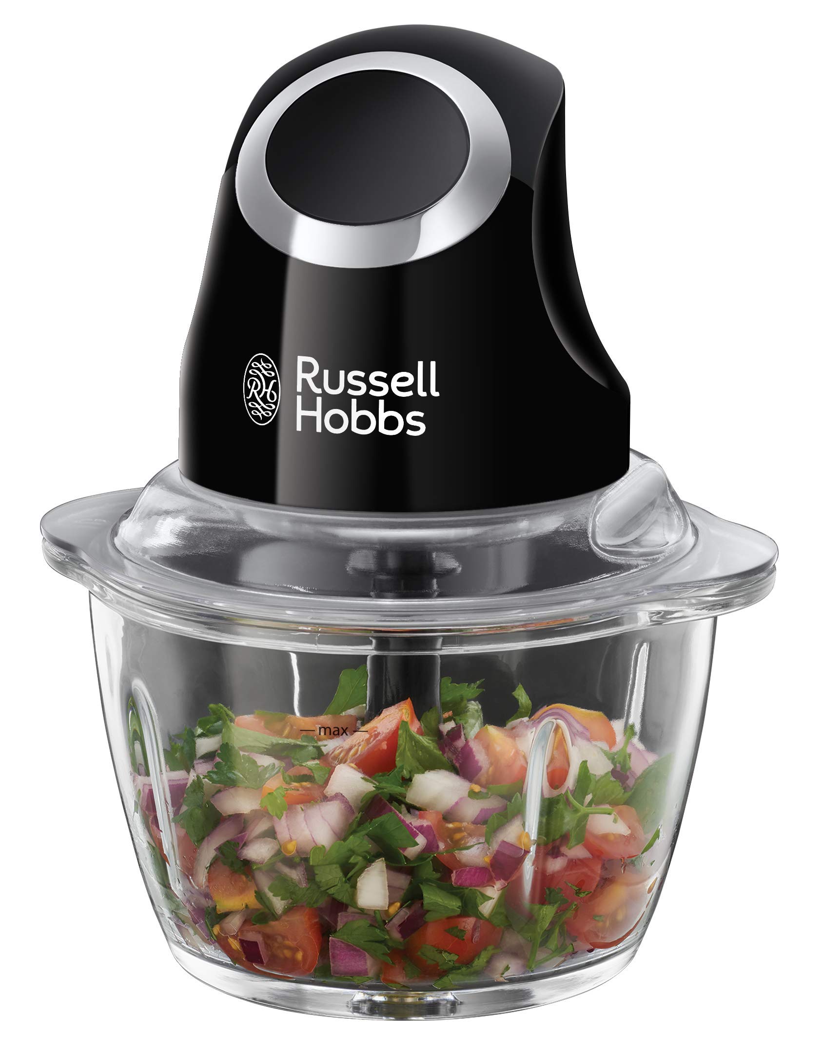 Russell Hobbs Mini Hachoir Electrique [Facile À Utiliser] Noir Mat (500Ml,Fonction 1 Bouton, Blender Universel Légumes Fruits & Viandes, Bol En Verre 1 L, 200W, Lames Acier Inox Amovibles) 24662-56