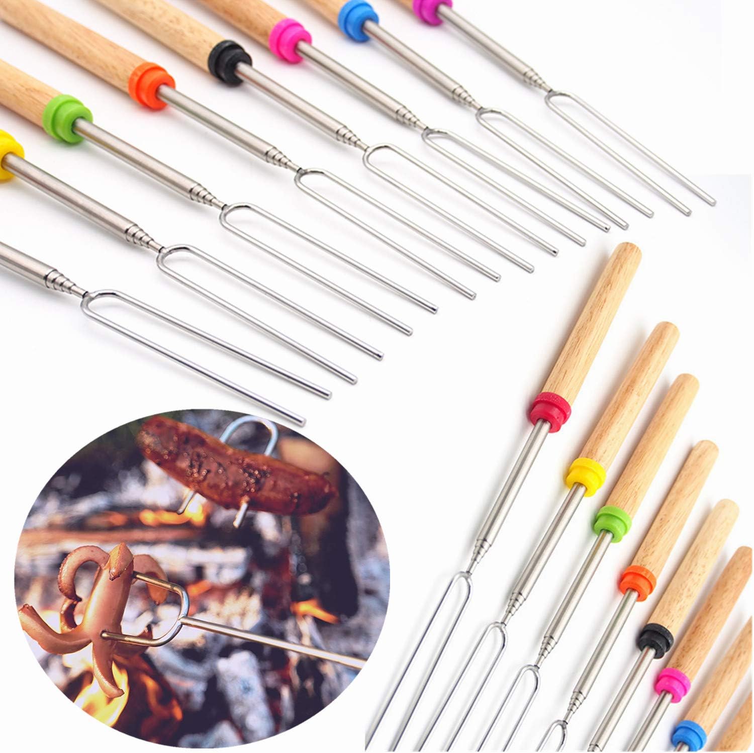 Marshmallow Roasting Sticks Wooden Handle Set of 12 Smores Skewers Telescoping Forks 32 inch with Portable Bag for Hot Dog Campfire Camping Stove BBQ Tools : Garden & Outdoor