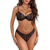 Avidlove Lingerie for Women Mesh Lace Bra and Panty Set 2 Piece Underwire Bralette Set Strappy Babydoll Bodysuit