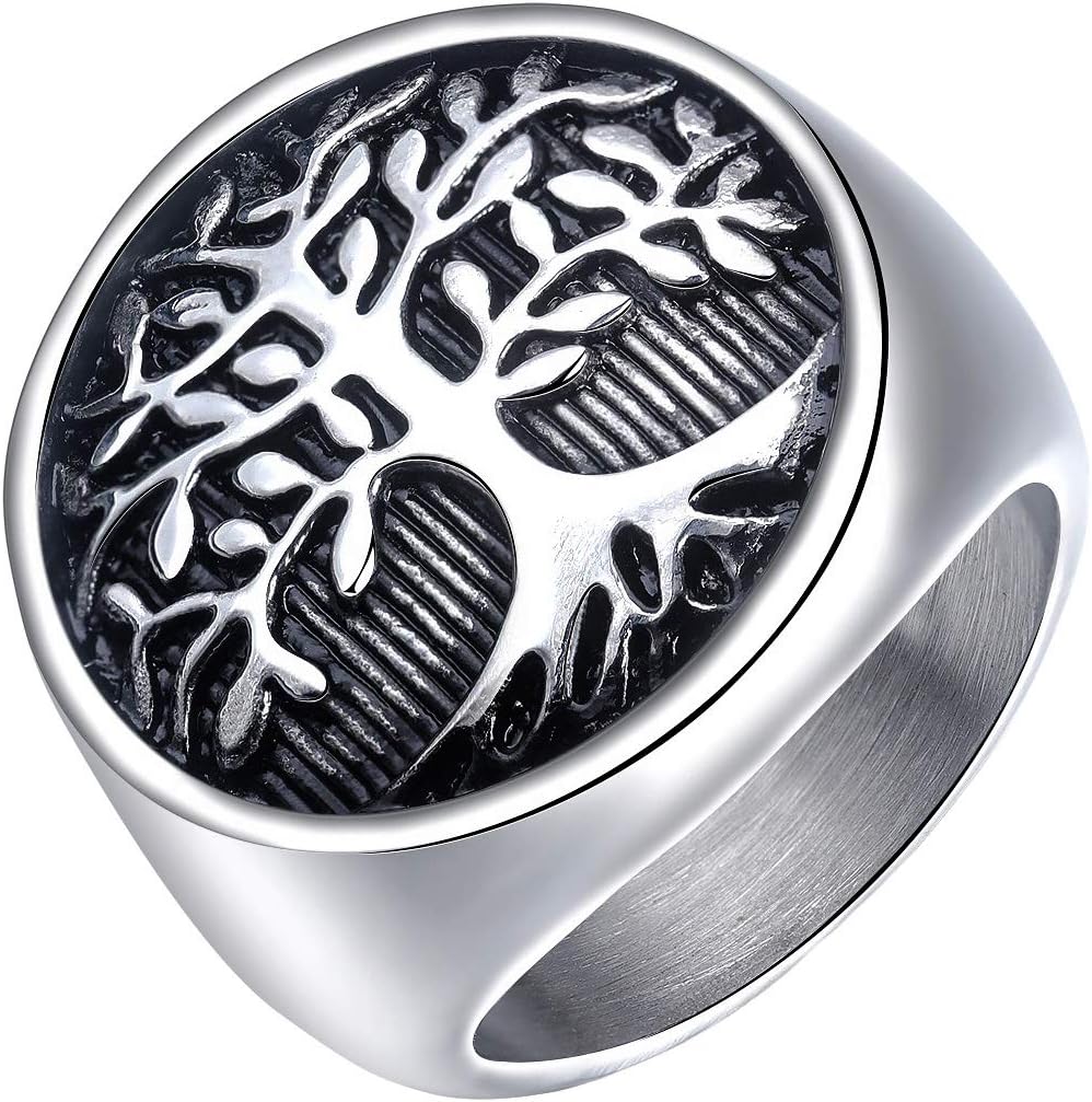 Men's Stainless Steel Tree of Life Ring Vintage Classic Round Signet Biker Band Christmas Wedding Rings
