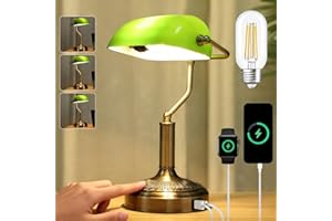 BNYFDC Vintage Bankers Lamp, Green Glass with Antique Brass Finish, USB & Type-C Charging Ports, 3-Way Dimmable Touch Control