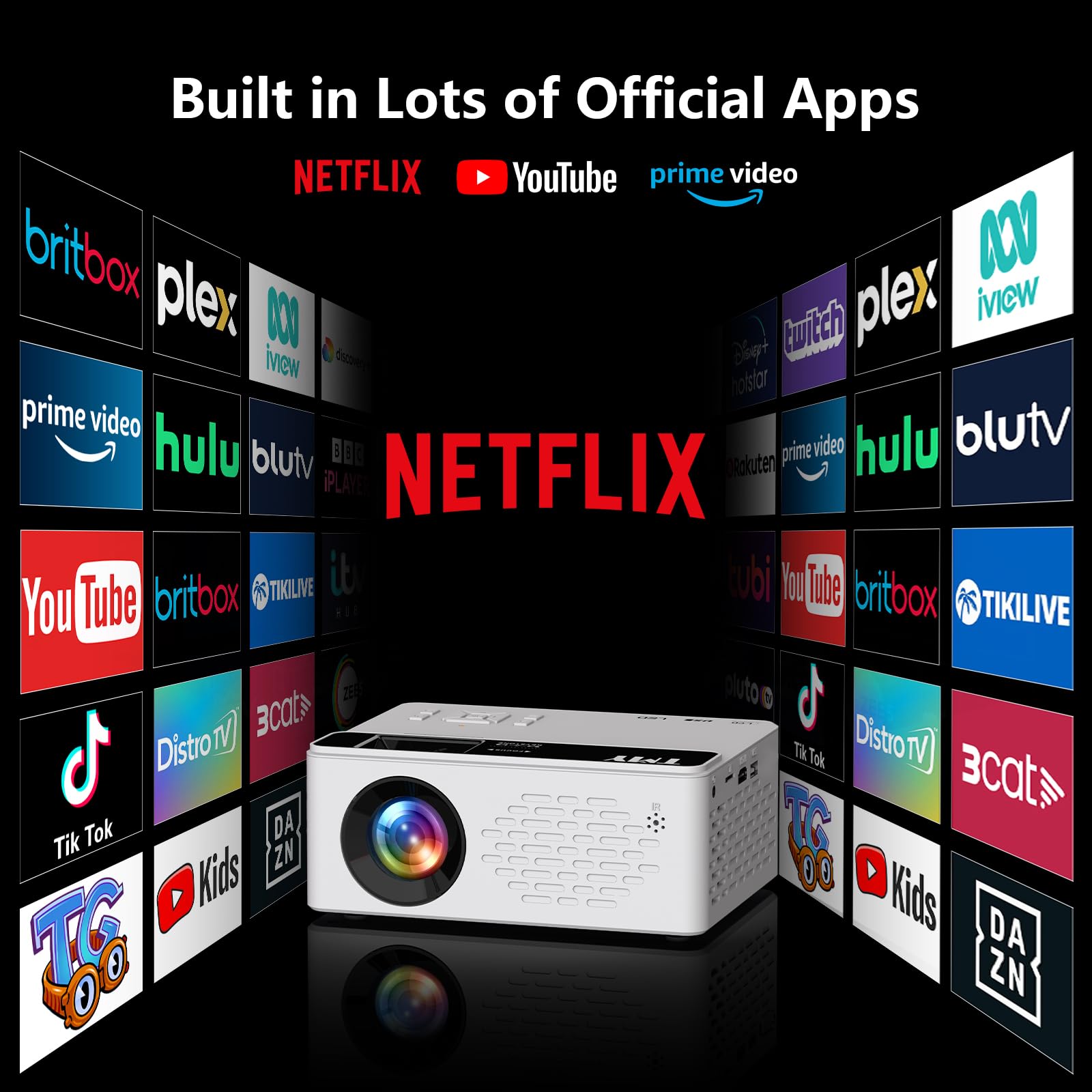 TMY Netflix-Officially-Licensed Mini Movie Projector with WiFi and Bluetooth, 1080P Full HD Portable Projector, Compatible with TV Stick Smartphone/HDMI/USB, indoor & outdoor use