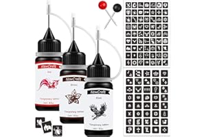 NEWCRAFT Temporary Art Painting Kit Semi Permanent Tattoo Ink Freehand Gel 103 Pcs Free Stencils, DIY Fake Freckles, Full Kit 3 Bottles (Black+Red+Brown)