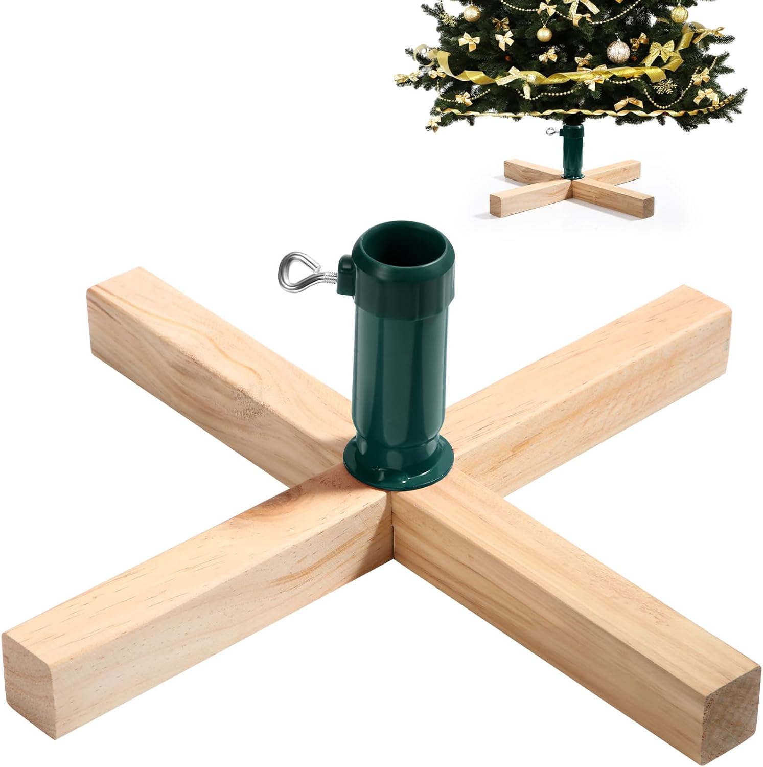 Tree Stands - Soaoo Wood Christmas Tree Stand 15.7 Inch Replacement Xmas Tree Stand Base Stable Fake Christmas Tree Base with Thumb Screw Adjustable Fits 0.5 to 1.26 Inch Tree Pole for Artificial Tree (Green Pole)