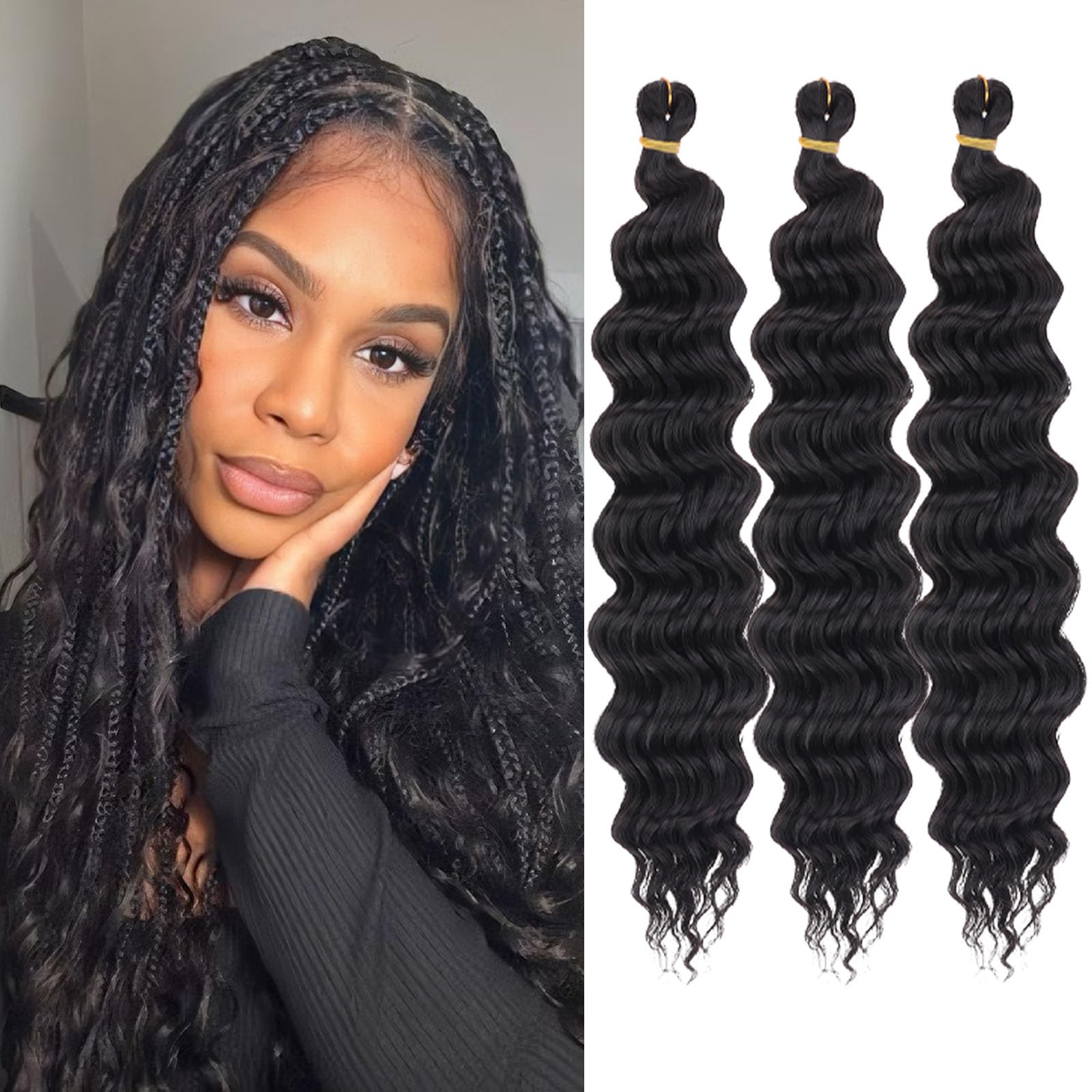 Samtress Short Ocean Wave Crochet Hair 14 Inch Deep Wave Crochet Hair Synthetic 3 Packs Natural Black Water Wavy Boho Braids Hair Extensions for Women (#1B) — image 1