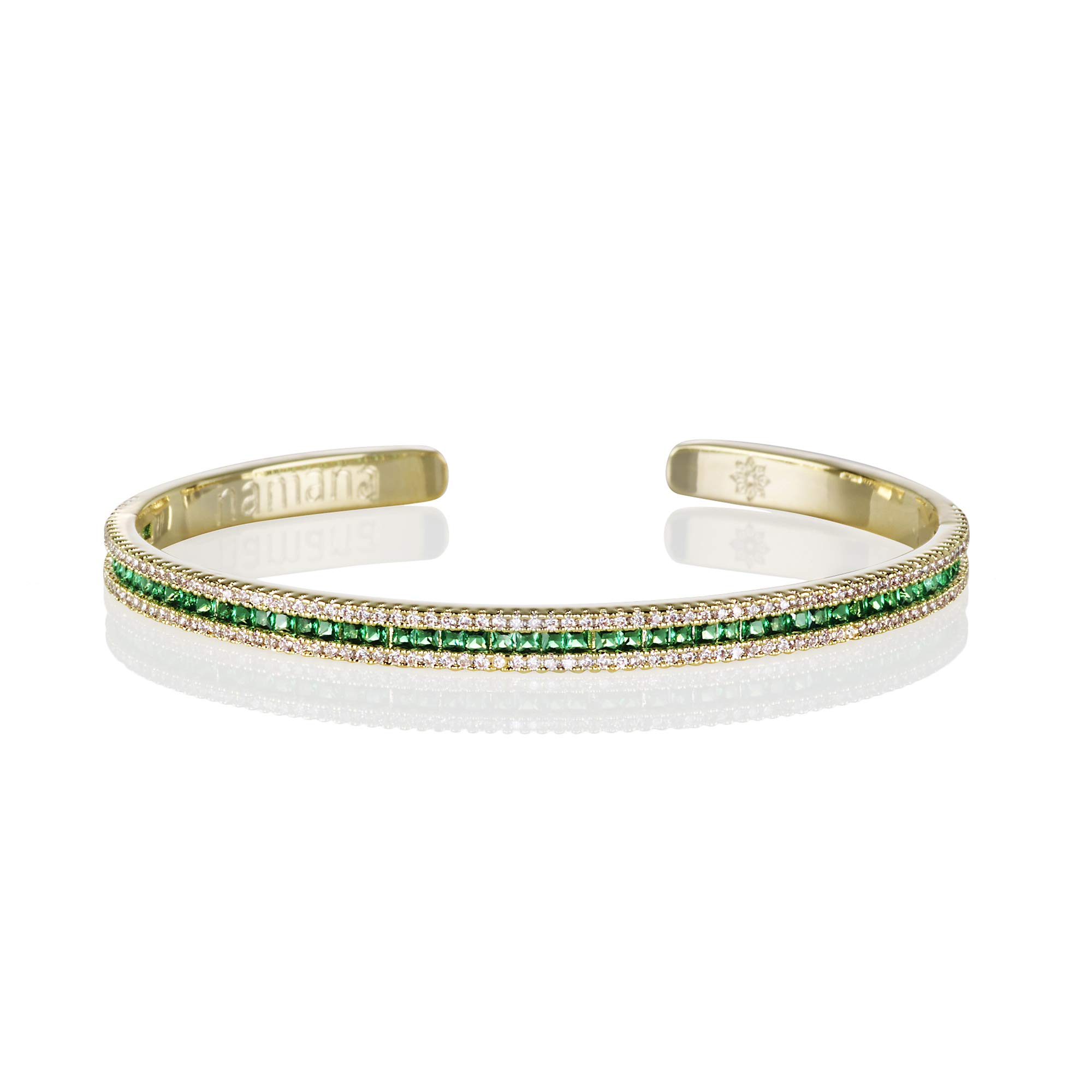 namana Green Cuff Bangle for Women and Teen Girls, Gold Cuff Bangles for Women with Emerald Green Cubic Zirconia Stones, Elegant Open Bangle Bracelet with a Jewellery Gift Box