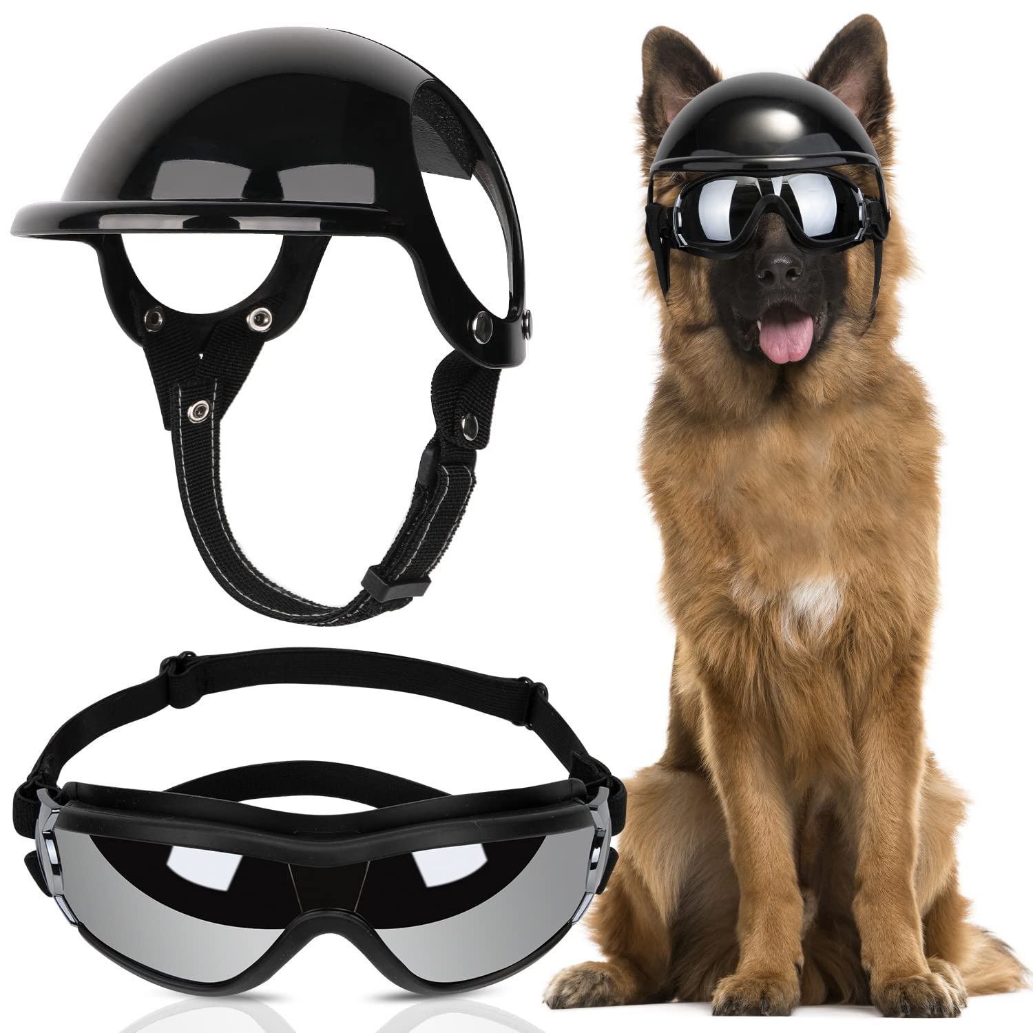 Photo 1 of SlowTon Dog Helmet and Goggles - UV Protection Doggy Sunglasses Dog Glasses Pet Motorcycle Helmet Hat with Ear Holes Adjustable Belt Safety Hat for Small Medium Large Dogs Puppy Riding (Black, L)