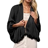 Tankaneo Womens Bomber Jackets Oversized Batwing Sleeve Zip Up Puffed Jacket Lapel Collar Pleated Outerwear