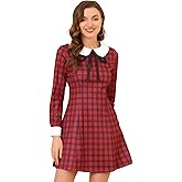 Allegra K Women's Christmas Peter Pan Collar Long Sleeve Mini Plaid Tartan Dress