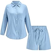 winkbay Women's 2 Piece Casual Outfits Glitter Button Down Long Sleeve Shirt and Mini Shorts Matching Sets