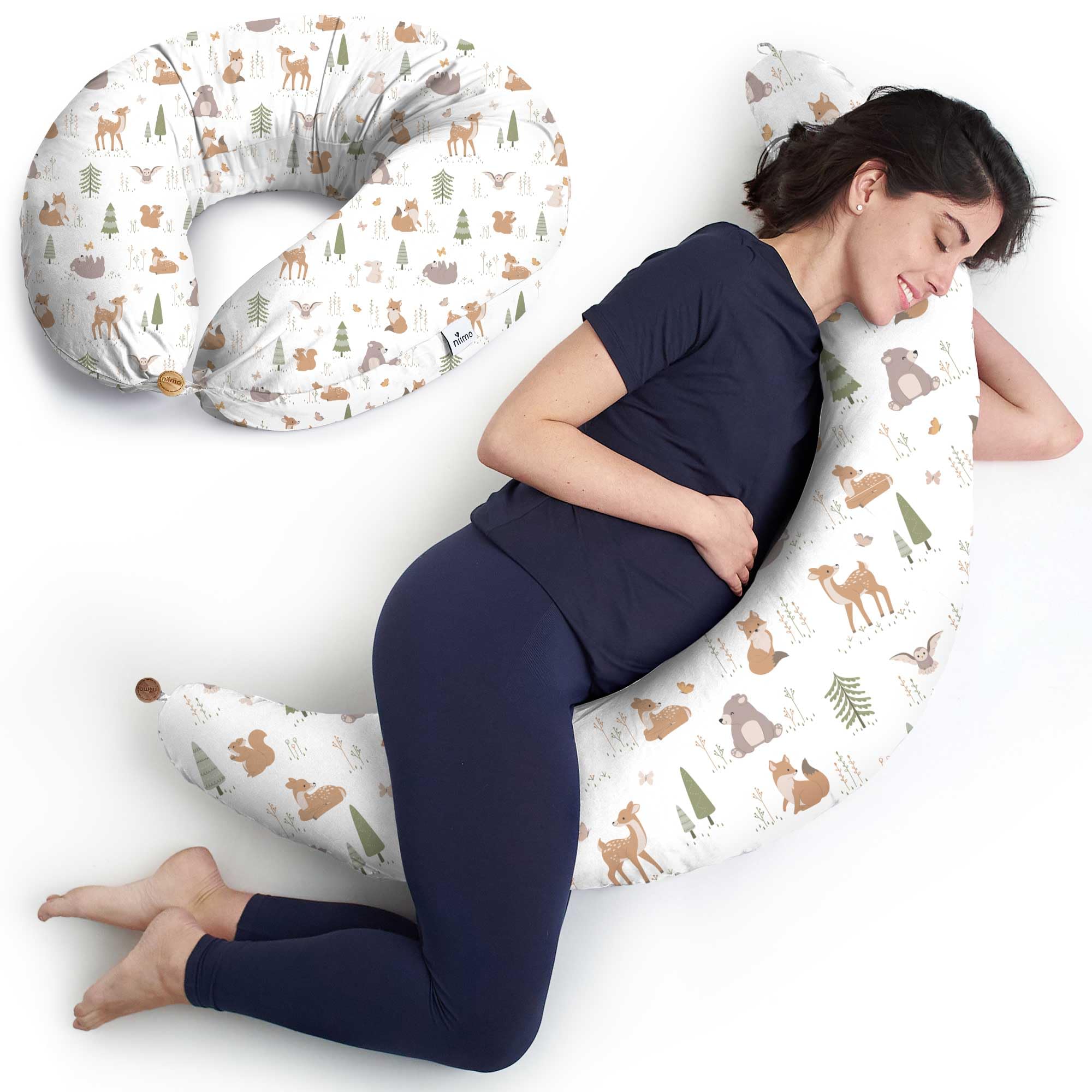 Niimo XXL Pregnancy Pillow & Nursing Pillow - 2-in-1 Design with a 100% Cotton Cover, Machine-Washable, White with Forest Design (200 x 70 cm)