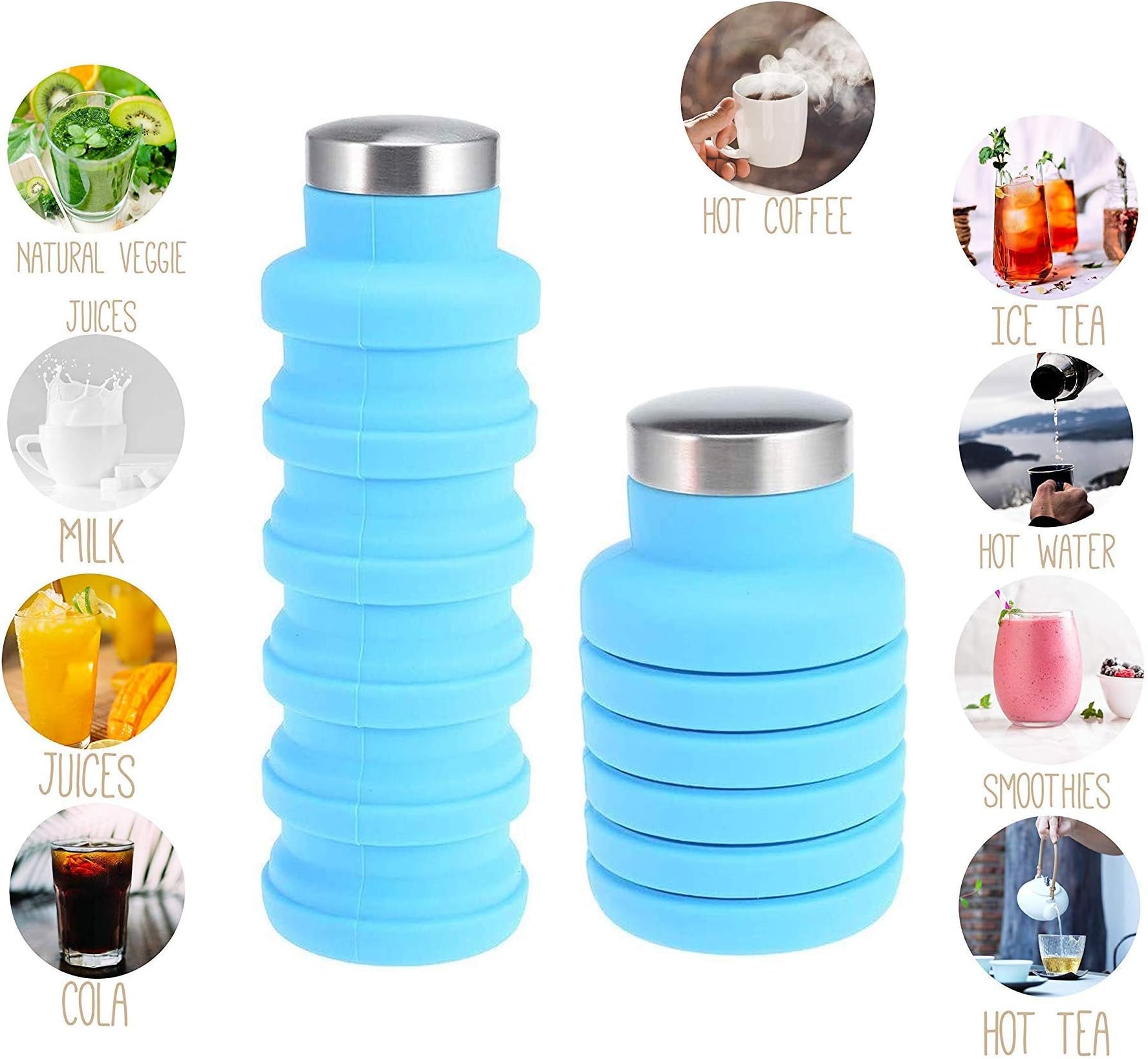 Hukimoyo® Collapsible Travel Water Bottle for Outdoor Sports Camping, 550mL Capacity of Foldable Leak Proof Portable Silicone Water Bottle Space Saving for Travel Accessories (Blue Color)