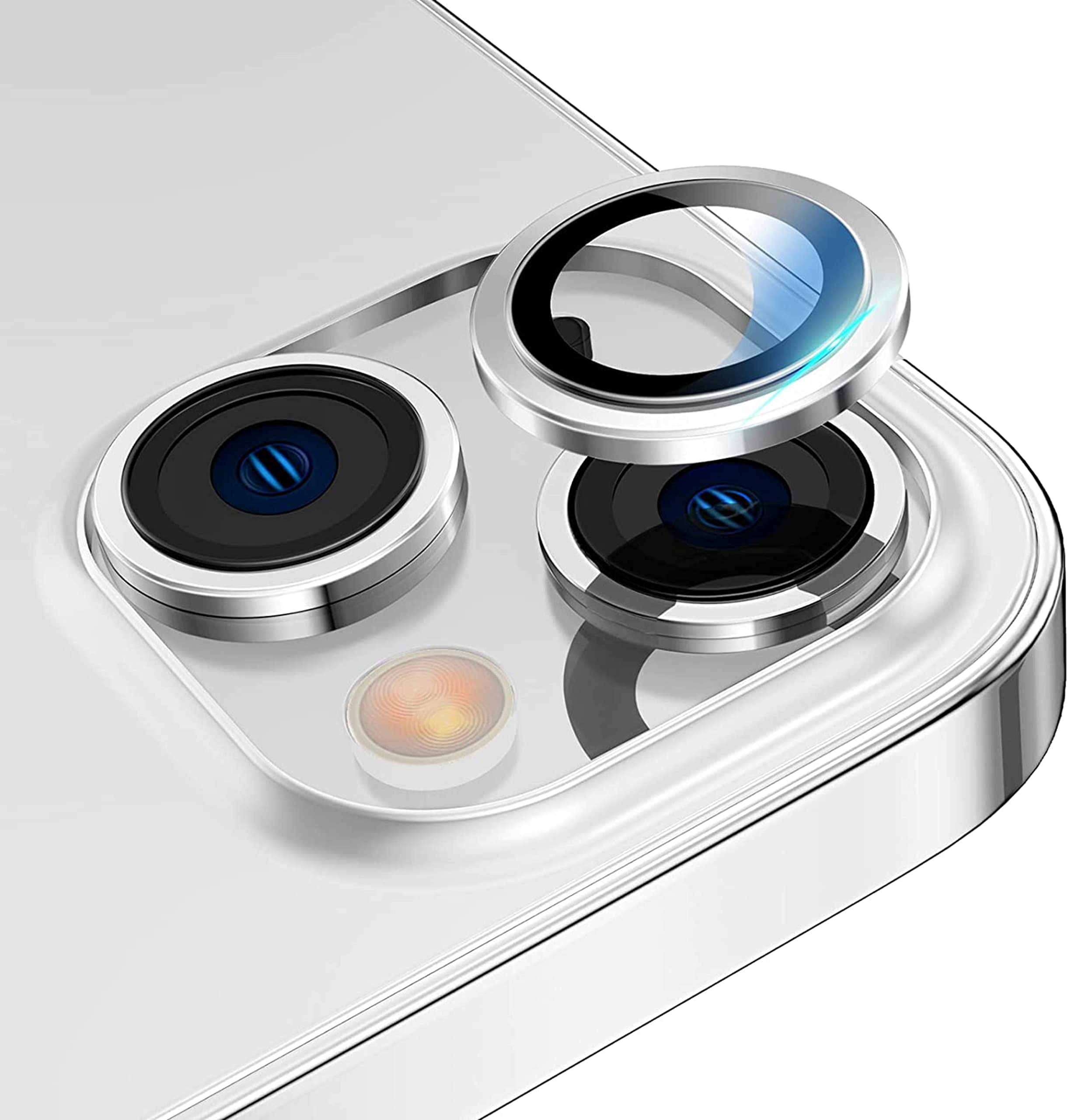 EKAM Camera Lens Protector for iPhone 14 6.1-Inch and iPhone 14 Plus 6.7-Inch 9H Tempered Glass Aluminum Alloy Metal Individual Ring Cover HD Clear Bubble Free Protection (Silver)