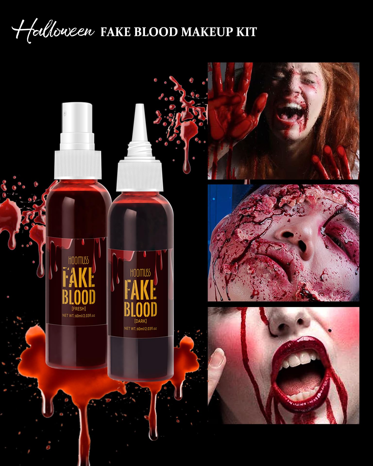 Halloween Fake Blood Makeup, Fake Blood Spray 2.03oz + Dripping Blood 2.03oz, Washable Realistic Fake Blood for Clothes, Sfx Special Effects Makeup Kit for Vampire Monster Zombie Cosplay (Red)