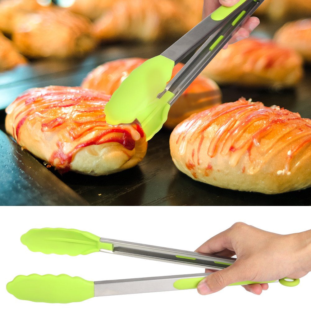 Singular point Kitchen Tongs,Heavy Duty Non-Stick Stainless Steel Food Tongs Set with FDA Grade Silicone Tips Ring Pull Locking System Serve for Salad,BBQ,Baking set of 2 pcs (Green)
