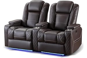 TUNYI Home Theater Recliner Loveseat - Power Loveseat Recliner Sofa with Adjustable Headrest Reclining Loveseat Sofa with USB/Storage/LED Light/Cup Holder (Brown, Loveseat)