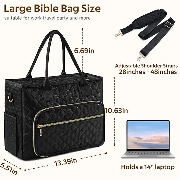 EUCT LARGE BIBLE BAG WITH BIBLE COVER FOR WOMEN, CHURCH TOTE BAG WITH SHOULDER STRAP, WATERPROOF BIBLE STUDY SUPPLIES, BIBLE ACCESSORIES FOR CHRISTIAN GIFT, QUILTED TOTE BAG FOR MEN/WOMEN, BLACK