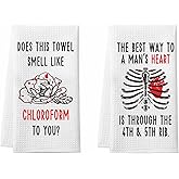 2 Pack Funny Gothic Kitchen Towels, Serial Killer Gifts for Women, True Crime Chloroform Bathroom Towels, Halloween Goth Home Decor, Morbid Podcast Merch, Does This Towel Smell Like Chloroform to You