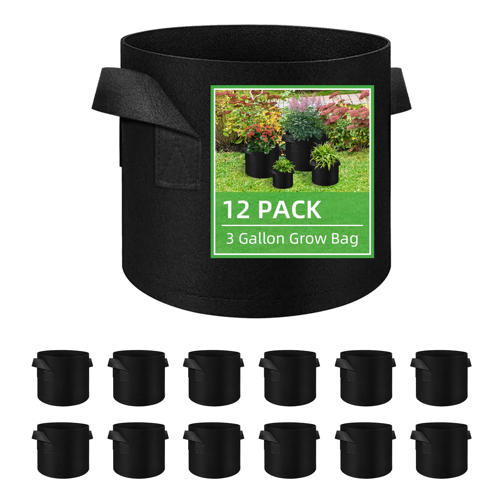 12 Pack Vegetable Grow Bags, Gardening Plant Growing Bags Breathable Non-woven Fabric Plant Pots with Handles Indoor & Outdoor Grow Containers for Vegetable/Flower/Plant/Fruits, 3 Gallon(Black)