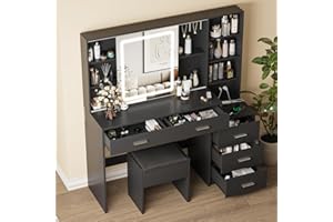 Fameill Vanity Desk with Mirror and Lights, Makeup Vanity with 5 Drawers, Makeup Desk with Charging Station and Ample Storage, Dressing Table with Chair for Bedroom Room (Black)
