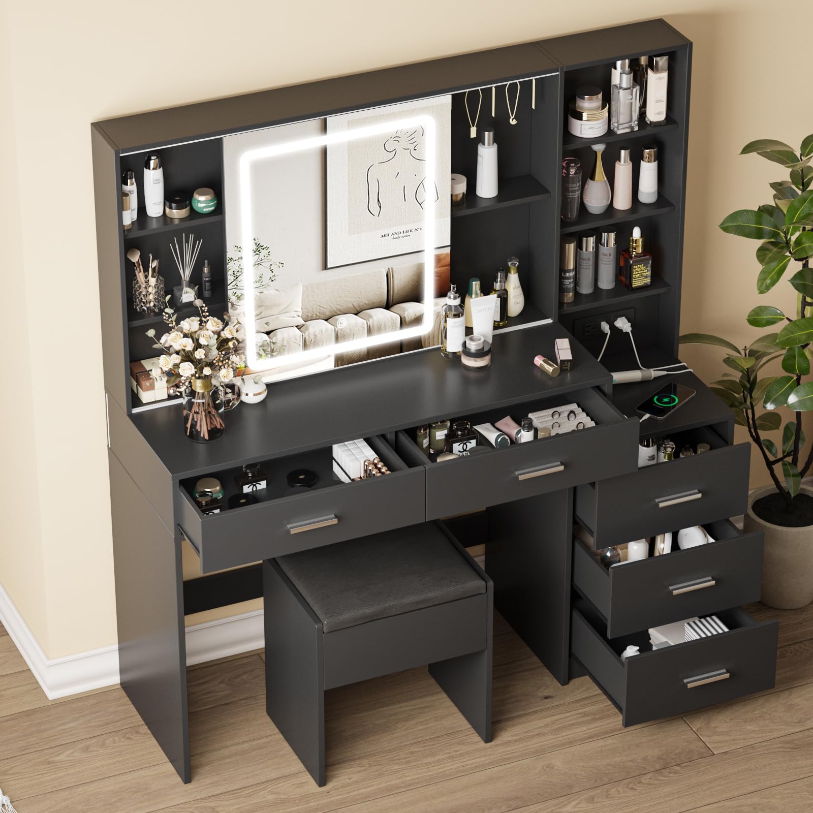 Photo 1 of ********It is missing pieces and the mirror********** Vanity Desk with Mirror and Lights, Makeup Vanity with 5 Drawers, Makeup Desk with Charging Station and Ample Storage, Dressing Table with Chair for Bedroom Room (Black)