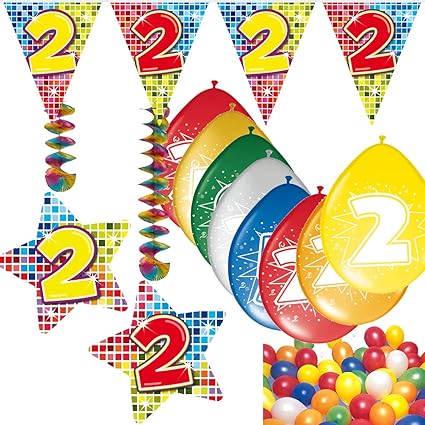 Carpeta 54-teiliges Partydeko Set * Zahl 2 * für Kindergeburtstag oder 2. Geburtstag mit Girlande, Rotorspiralen, Luftschlang
