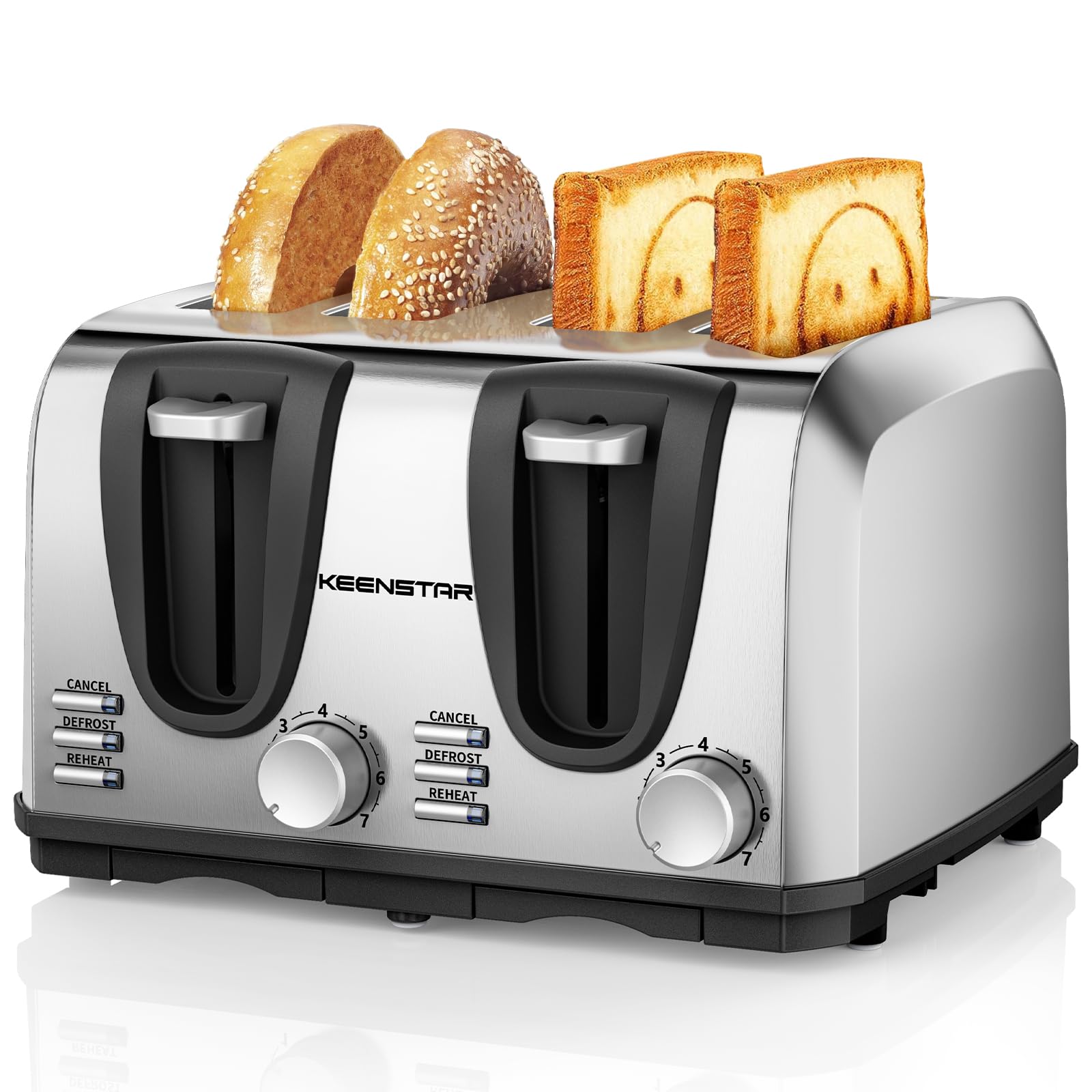 Photo 1 of Keenstar Toaster 4 Slice, Bread Toaster with Dual Control Panels Extra-Wide Slot of Bagel/Defrost/Cancel Function, 7 Toasting Bread Shade Settings, Removable Crumb Trays, Auto Pop-Up, Stainless Steel