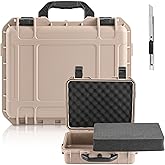 Relaxweex 1 Pcs 14.3 x 11.4 x 4.5 Inch Waterproof Hard Case with DIY Customizable Foam Insert Portable Protective Case with Knife for Camera Drones Equipments Tools Test Instruments (Tan)