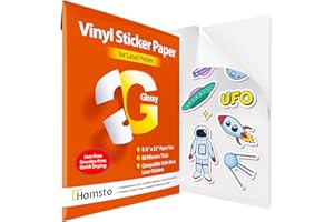 Homsto Vinyl Sticker Paper, Glossy Printable Vinyl Sticker Paper for Laser Printer, Quick-Drying, Water and Scratch-Resistant, Self-Adhesive for Most Surfaces, 8.5 x 11 Inches