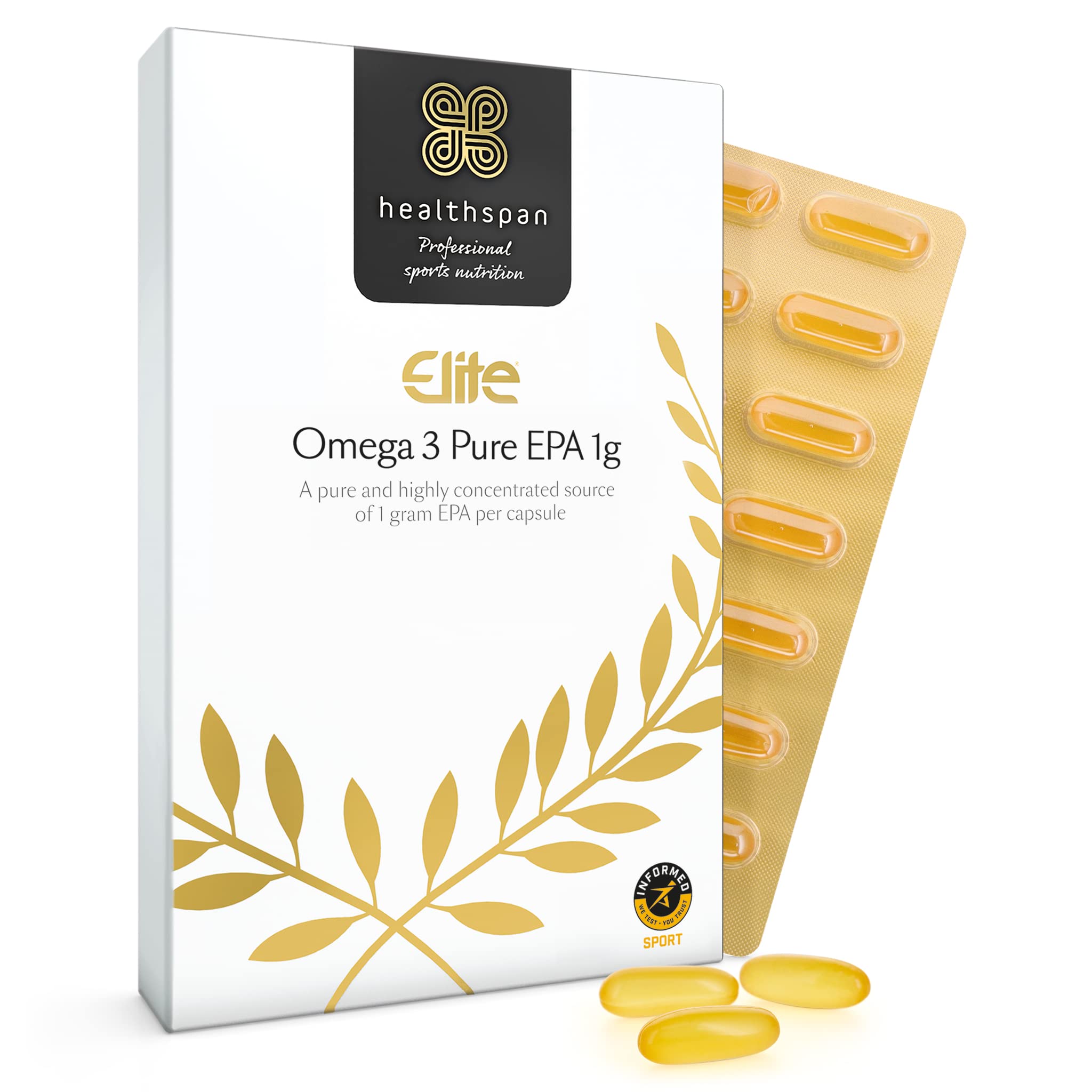 Healthspan Elite Omega 3 Pure EPA 1g | 60 Capsules | All Blacks Official Partner | Support Brain, Eye & Heart Health | 1,000mg EPA Omega 3 Fatty Acid | Informed Sport Accredited | Lemon Flavoured