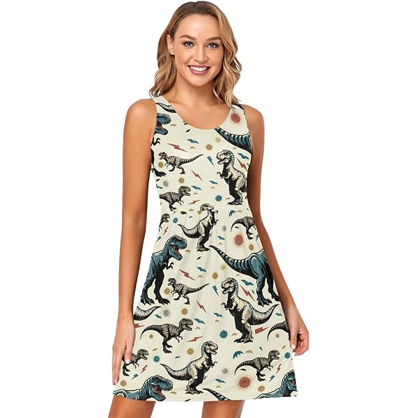 dinosaur dress ladies ALAZA Dinosaur Tropical Women's Summer Dress Sun Dress Sleeveless with  Pockets S at Amazon Women's Clothing store