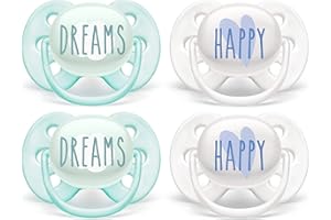 Philips AVENT Ultra Soft Pacifier 0-6 Months, Dreams and Happy Designs, 4 Pack, White/Green, SCF222/43