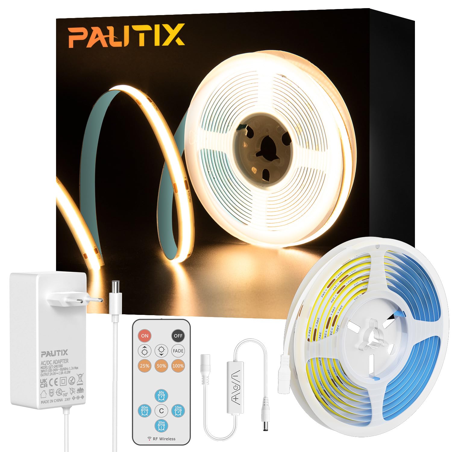 PAUTIX COB LED Streifen 2700K Warmweiss 5M,480LEDs/M Dimmbar 24V Weiß LED Streifen Licht Set mit RF Fernbedienung und Netzteil,CRI93+ Hell Unterbauleuchte für Home DIY Dekoration Timerfunktion.