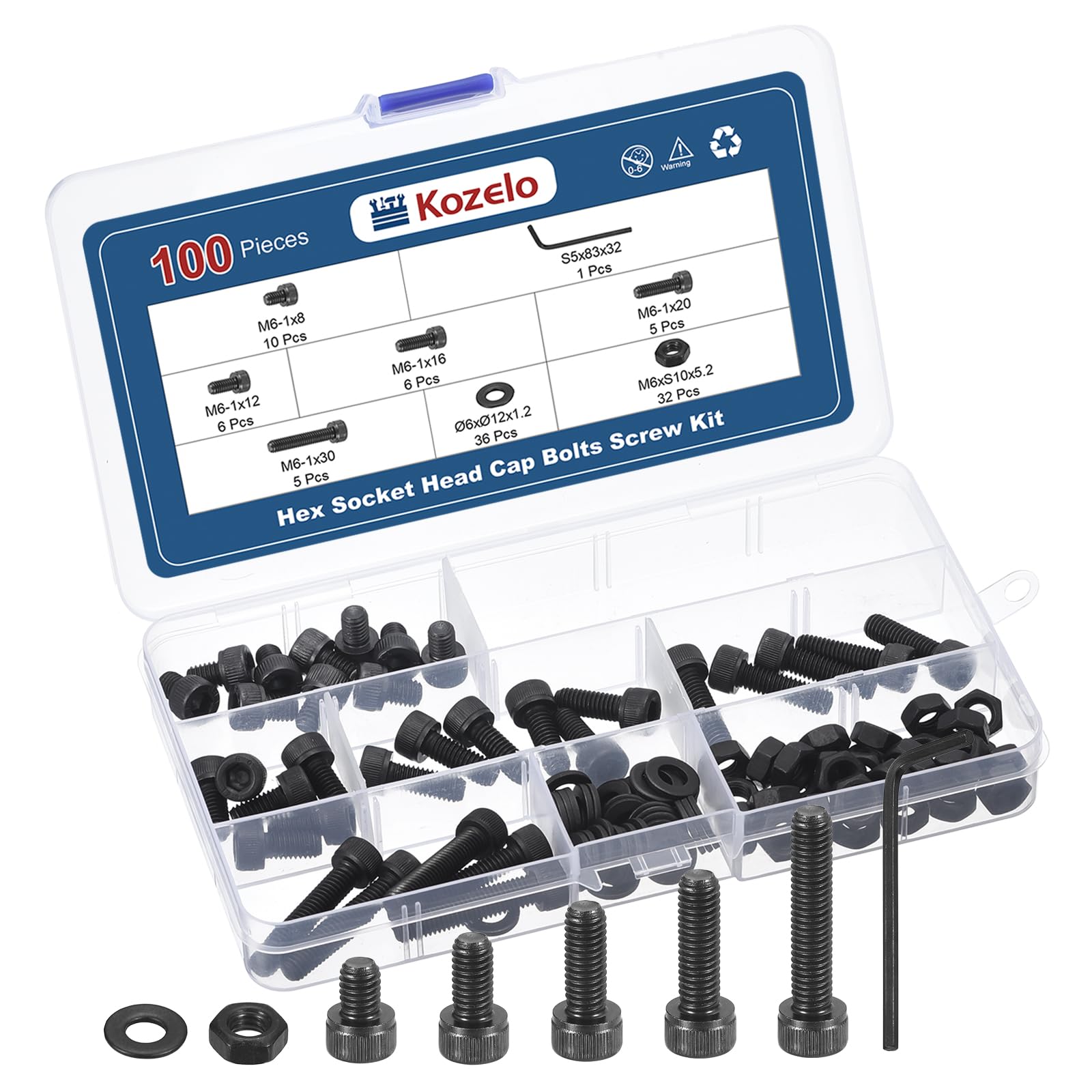 Kozelo 100pcs Socket Head Cap Screws Bolts Nuts Assortment Kit - [M6x8/12/16/20/30mm] Alloy Steel Black Oxide 12.9 Internal Hex Screw for 3D Printer Use, with Wrench — image 1