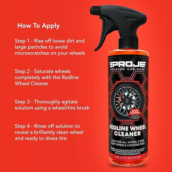 PROJE’ REDLINE WHEEL CLEANER – ALL IN ONE WHEEL & TIRE CLEANER – TOUGH ON BRAKE DUST & DIRT – REMOVES BROWNING – NON ACIDIC SAFE ON ALL RIM TYPES – 16 FL OZ