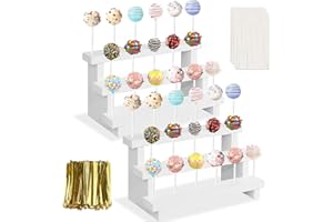 KHayRovies 2Pcs Wood Cake Pop Stand, White Lollipop Holder 3 Tier with Twist Ties Lollipop Sticks, 17 Holes Sucker Display Riser for Dessert Table of Wedding Birthday Party