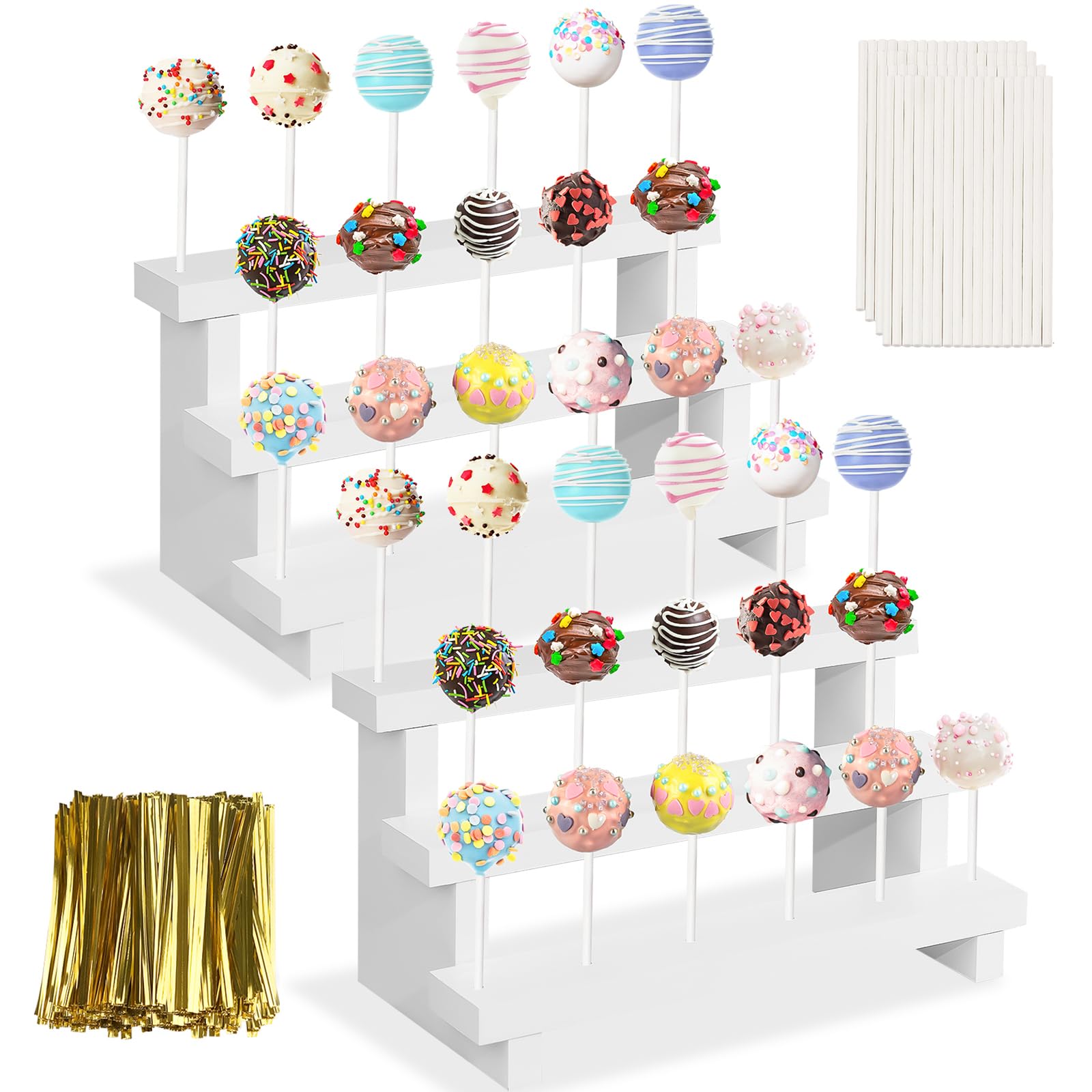 Photo 1 of KHayRovies 2Pcs Wood Cake Pop Stand, White Lollipop Holder 3 Tier with Twist Ties Lollipop Sticks, 17 Holes Sucker Display Riser for Dessert Table of Wedding Birthday Party