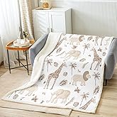 Feelyou Safari Animal Sherpa Blanket Kids Boys Girls Elephant Lion Giraffe Fleece Throw Blanket Throw 50x60 Inches Jungle Animals for Sofa Bed Couch Hunter Brown Rust Wildlife Decor