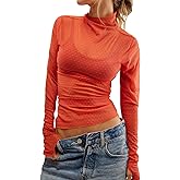 Essrite Womens Mesh Sheer Lace Laying Top Mock Neck Long Sleeve Polka Dot See Through Shirt Blouses Tops