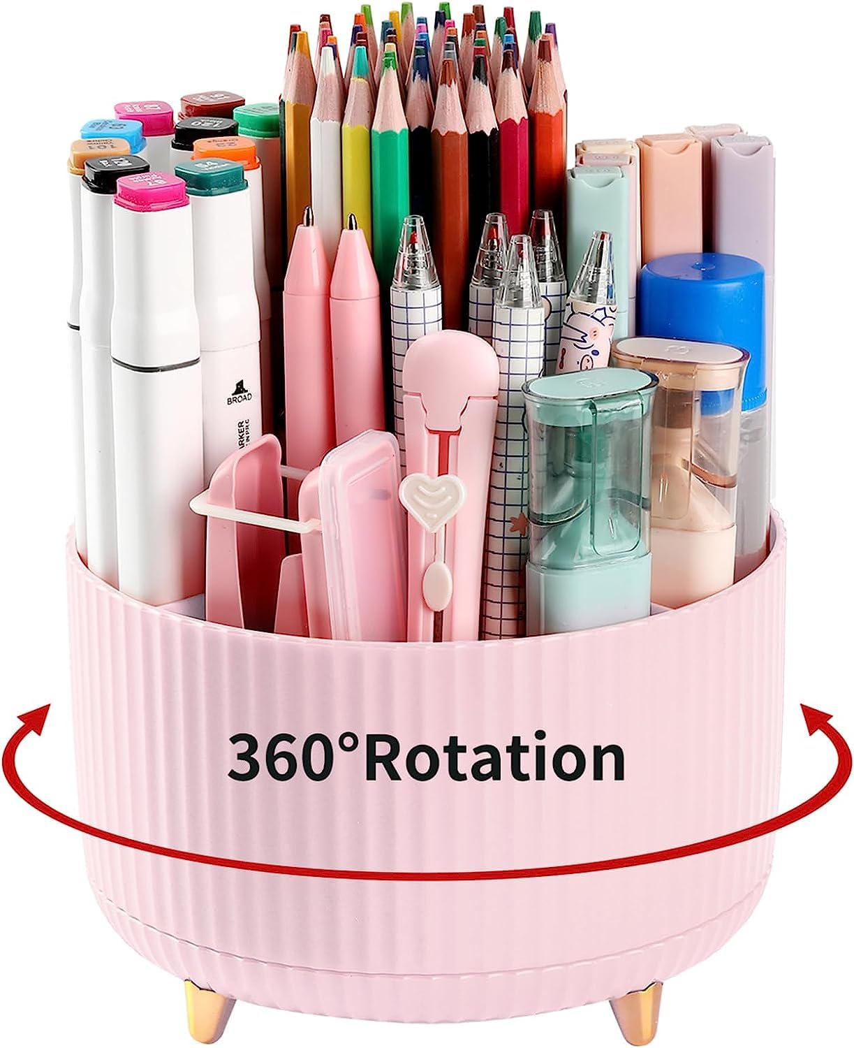 Pencil Pen Holder for Desk, 5 Slots 360°Degree Rotating Pencil Pen Organizers for Desk, Desktop Storage Stationery Supplies Organizer, Cute Pencil Cup Pot for Office, School, Home, Art Supply (Pink)