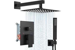 Midanya Rain Shower System Square Rainfall Shower Head Wall Mount Shower Faucet Set with Hand Sprayer Rough-in Valve Trim Kit Bathroom Mixer Shower Combo Set,10 Inch,Matte Black