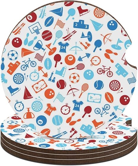 Amazon 車用 カーコースター スポーツ用品 イラスト ドリンク用 ラウンド生地 コースターカップマット ホルダーマット 断熱パッド ノイズ対策 防塵 防水 ファッション 吸収性 1 4ピースセット コースター オンライン通販