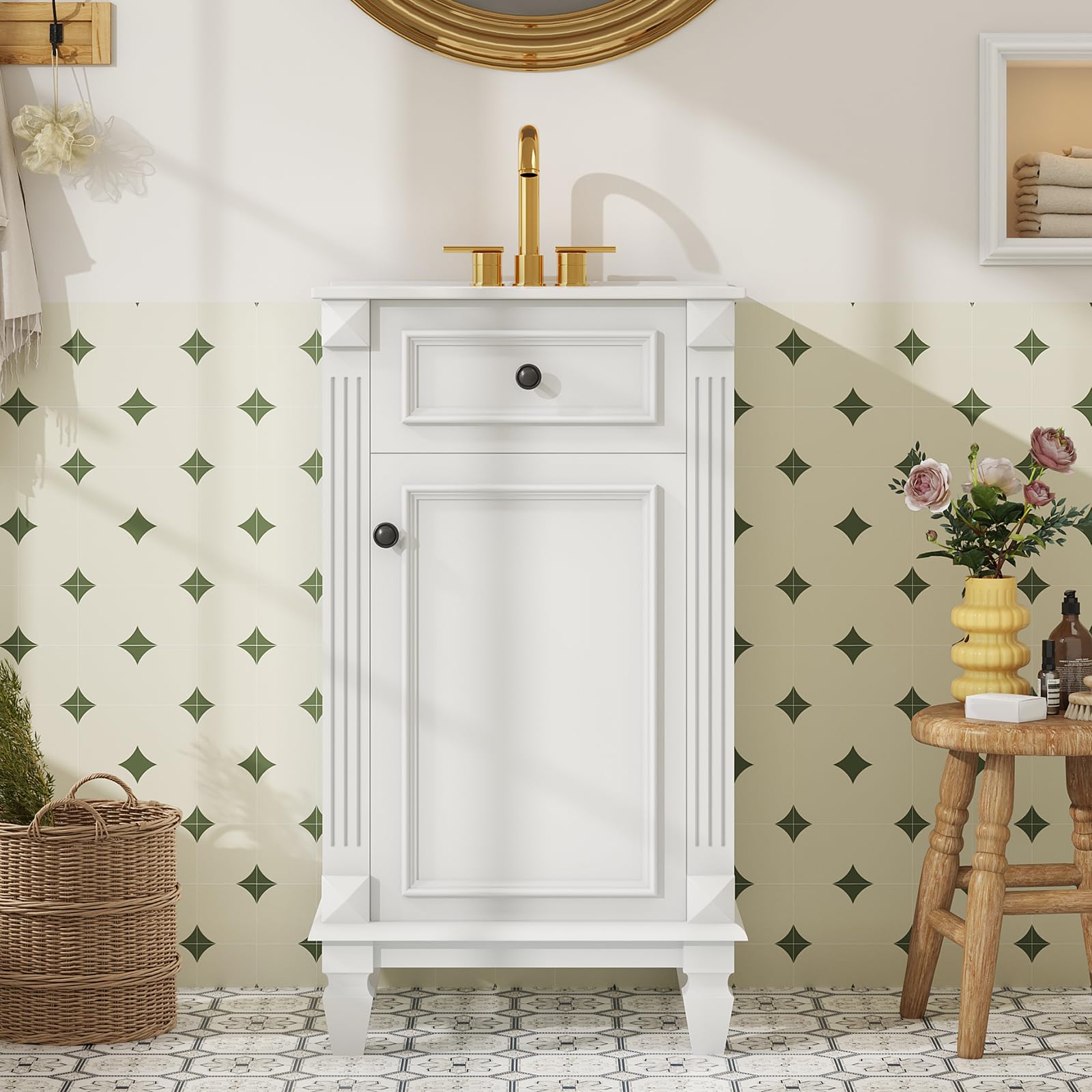 Photo 1 of **pieces are missing****Sweetcrispy 18" Bathroom Vanity with Sink, Bathroom Storage Vanity Sink Cabinet with 1 Door, Farmhouse Wooden Free Standing Bathroom Cabinet with Sink, Easy Assembly, NO Mirror&Facuet (Snowy W)