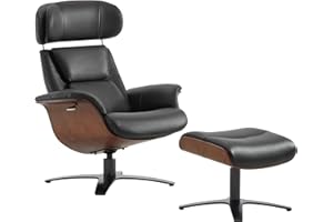 CHITA Genuine Leather Reclining Swivel Chair with Adjustable Headrest and Ottoman for Living Room, Black