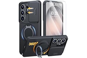 JAME 三星 Galaxy S26 Ultra 手机壳,环形支架支架支架,带屏幕保护膜的滑动相机盖,双层防震保护磁性配件友好型 S26 Ultra 手机壳,黑色