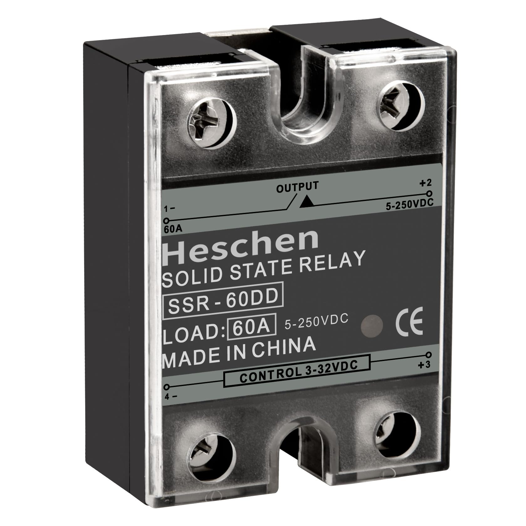 Heschen Single Phase DC/DC Solid State Relay, SSR-60DD, Input 4-32VDC, Output 24-220VDC, 60A 50-60Hz