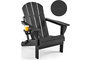 Ciokea Folding Adirondack Chair Wood Texture for Patio, Weather Resistant, Plastic Fire Pit Chair with Cup Holder, Lawn Chair for Outdoor Porch Garden Backyard Deck (Black)