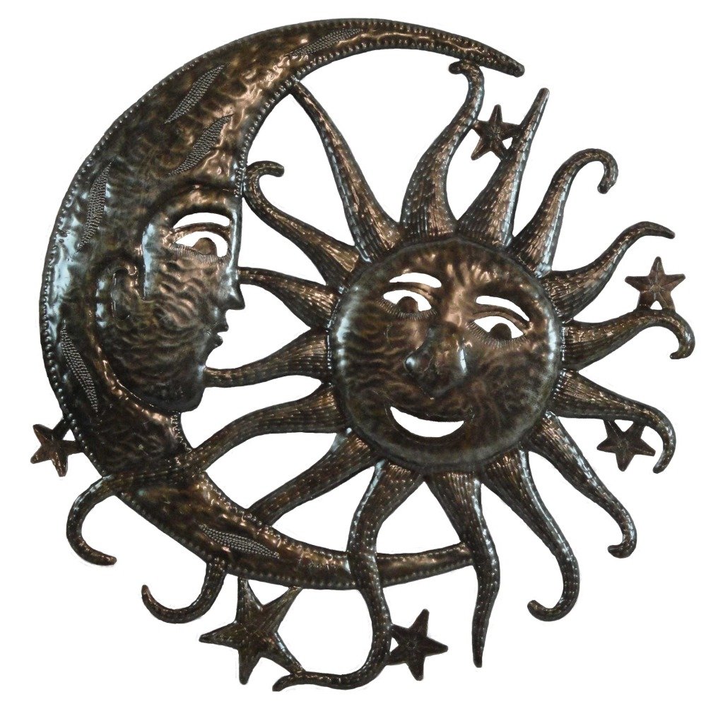 Haitian Metal Wall Art Sculpture 23" Round Garden Sun Moon Star Outdoor Plaque