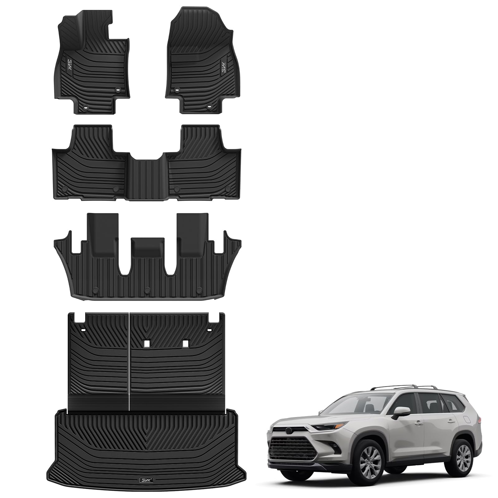 Photo 1 of 3W Floor Mats for 2024 2025 Toyota Grand Highlander 7 Seat (Include Hybrid), with Subwoofer, Trunk Mat Cargo Liner, and Seat Back Covers TPE All Weather, Black
